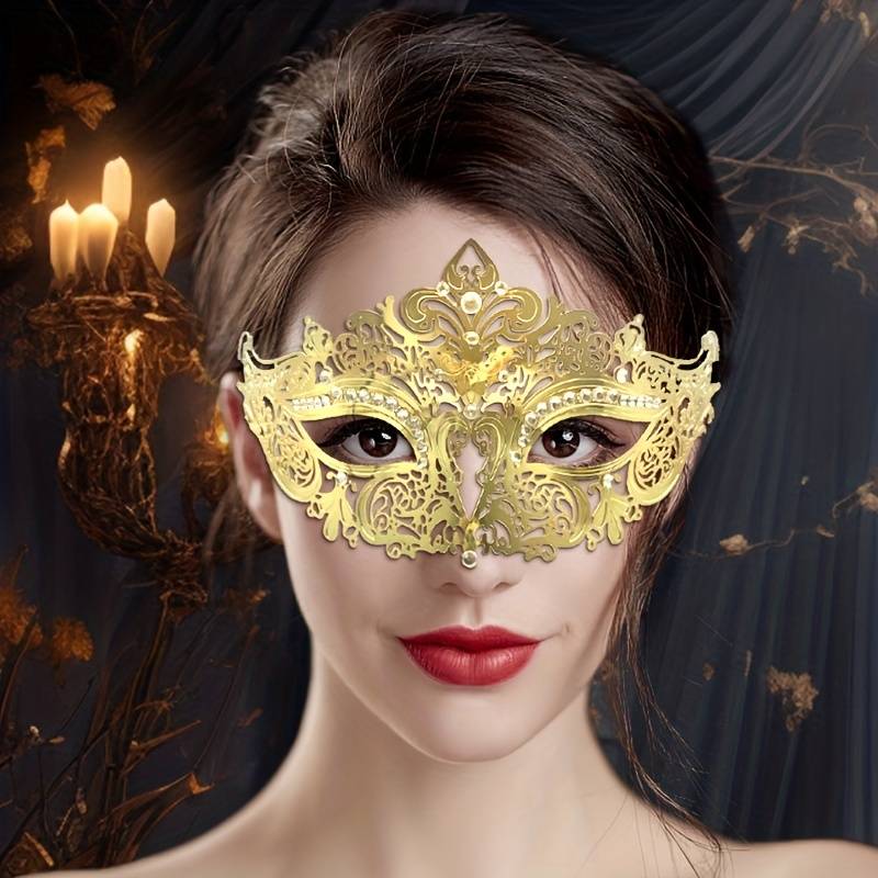 Rhinestone Metal Masquerade Mask Women Venetian Party Prom Golden Mask Halloween Carnival Mardi Gras Prom Mask Party Mask,Temu